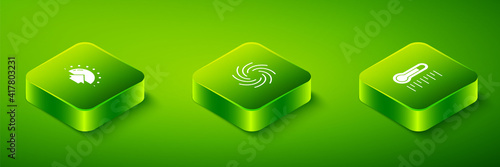 Set Isometric Tornado, Meteorology thermometer and Sunrise icon. Vector.