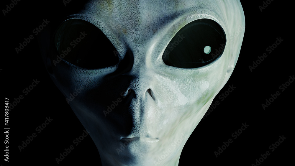 Spooky alien's face on black background. 3D rendered illustration. Spooky alien's face on black background. 3D rendered illustration.
