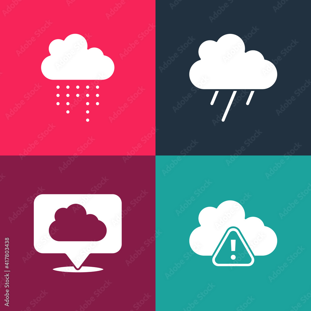 Set pop art Storm warning, Location cloud, Cloud with rain and icon. Vector.