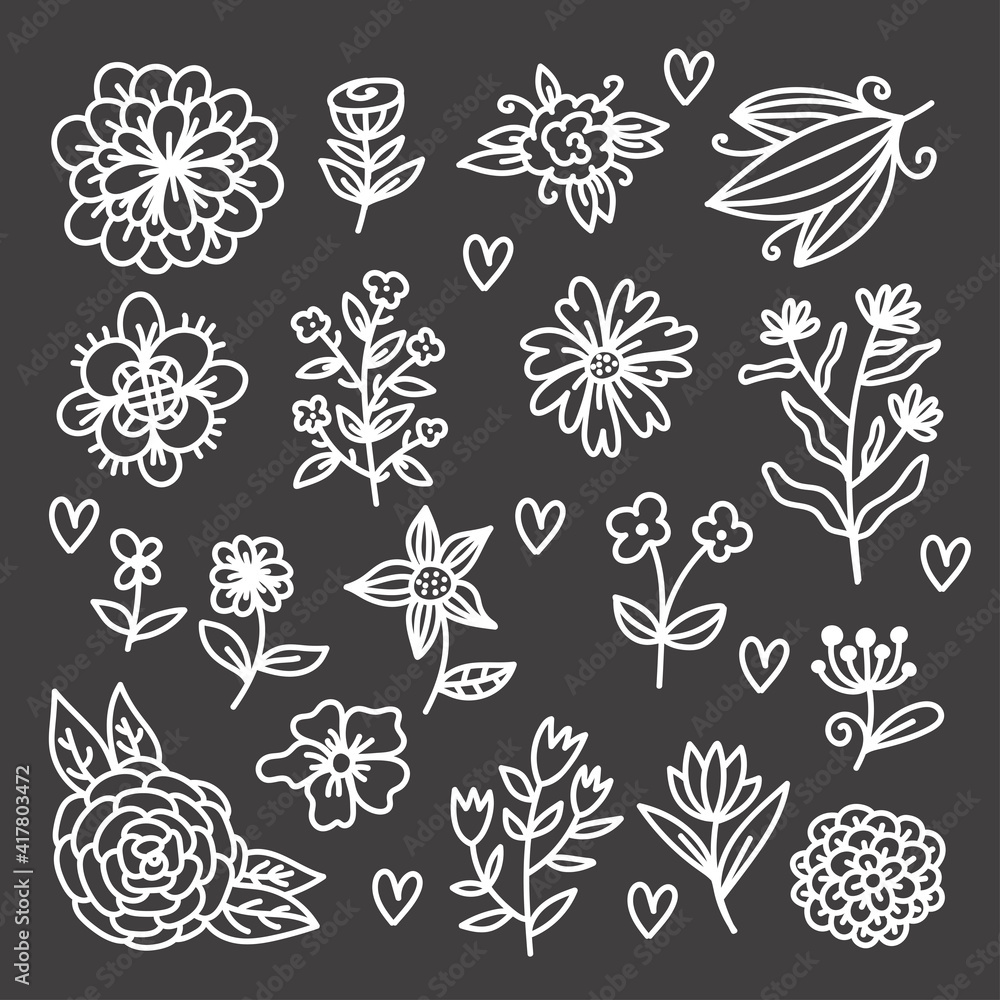 Fototapeta premium Botanical flower doodle design elements vector set
