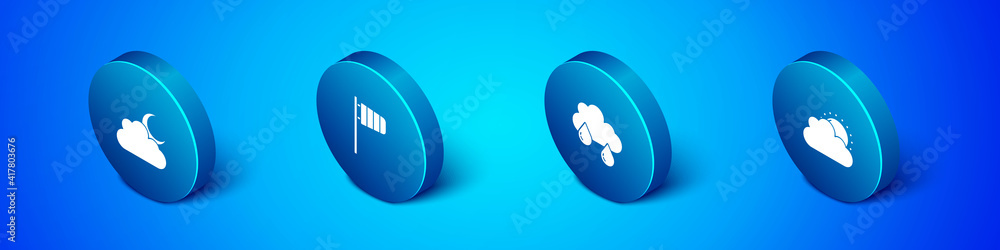 Set Isometric Cloud with moon, rain, Sun and cloud weather and Cone windsock wind vane icon. Vector. Set Isometric Cloud with moon, rain, Sun and cloud weather and Cone windsock wind vane icon. Vector.