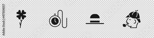 Set Four leaf clover, Watch with chain, Elegant women hat and Sherlock Holmes icon. Vector.