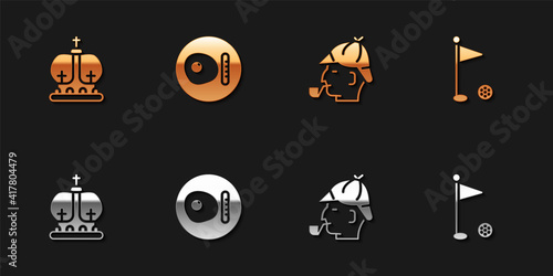 Set British crown, breakfast, Sherlock Holmes and Golf flag icon. Vector.