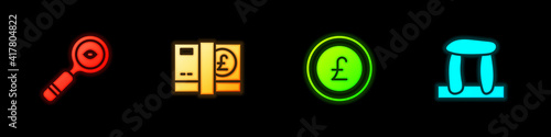 Set Magnifying glass, Pound sterling money, Coin with pound and Stonehenge icon. Vector.