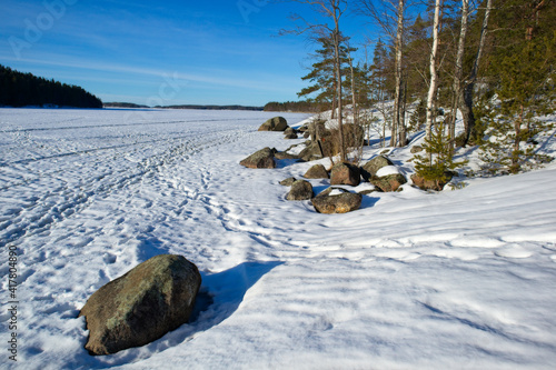 sunny Lake Saimaa early spring sceneryin Lappeenranta Finland photo