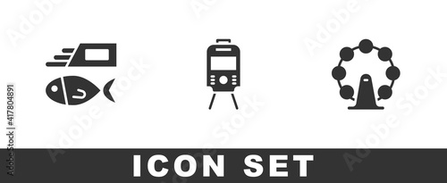 Set Fish and chips, Tram railway and London eye icon. Vector.