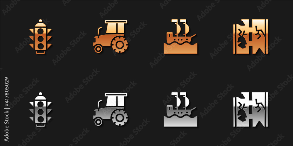 Set Traffic light, Tractor, Sailboat and Broken road icon. Vector. Set Traffic light, Tractor, Sailboat and Broken road icon. Vector.