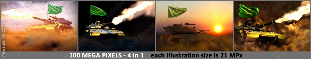 4 images of high detail modern tank with not existing design and with Mauritania flag - Mauritania army concept, military 3D Illustration