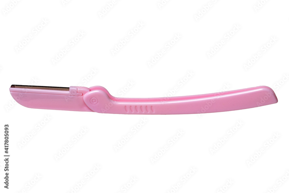 Cosmetic tools. Close-up of a pink eyebrow razor isolated on a white background. Beauty concept. Macro. Cosmetic tools. Close-up of a pink eyebrow razor isolated on a white background. Beauty concept. Macro.