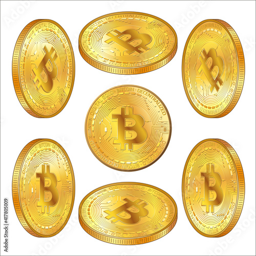 Set of detailed gold coins Bitcoins in isometric view isolated on white. BTC symbol of modern digital gold and money. Vector illustration.