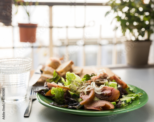 vegetable salad of greens, tomatoes and cucumbers on a green plate