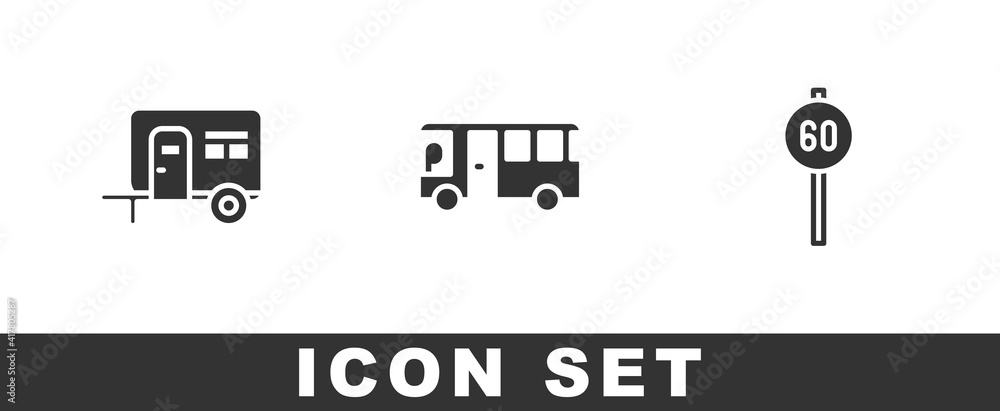 Set Rv Camping trailer, Bus and Speed limit traffic icon. Vector. Set Rv Camping trailer, Bus and Speed limit traffic icon. Vector.