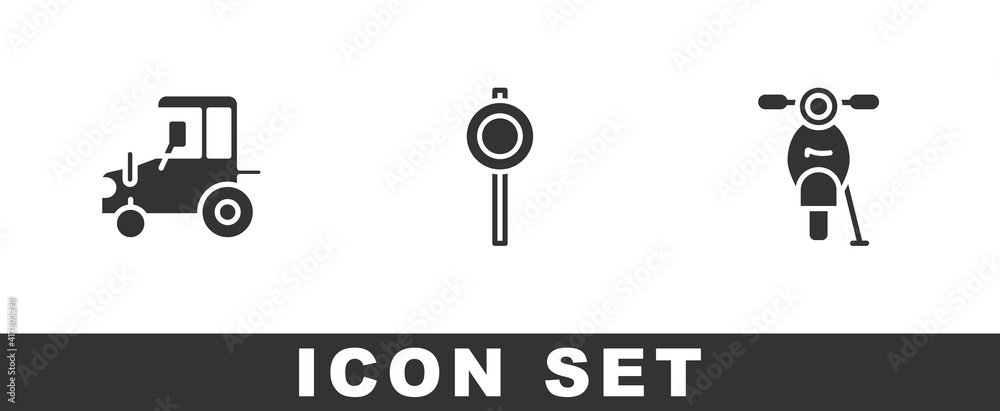 Set Tractor, Road traffic signpost and Scooter icon. Vector. Set Tractor, Road traffic signpost and Scooter icon. Vector.