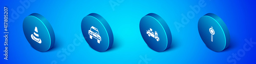 Set Isometric Traffic cone, Delivery truck, Road traffic signpost and Police car and flasher icon. Vector.