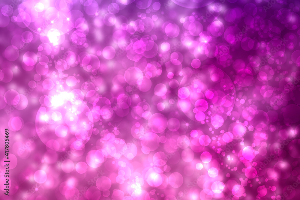 A festive abstract gradient purple pink background texture with glittering stars and bokeh circles. Card concept for Happy New Year, party invitation, valentine or other holidays.