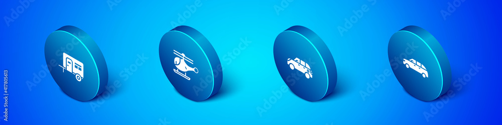 Set Isometric Rv Camping trailer, Hatchback car, and Helicopter icon. Vector. Set Isometric Rv Camping trailer, Hatchback car, and Helicopter icon. Vector.
