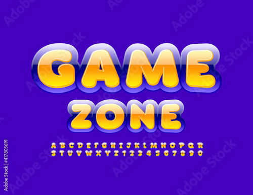 Vector bright sign Game Zone. Glossy Yellow and Purple Font. Creative Alphabet Letters and Numbers set