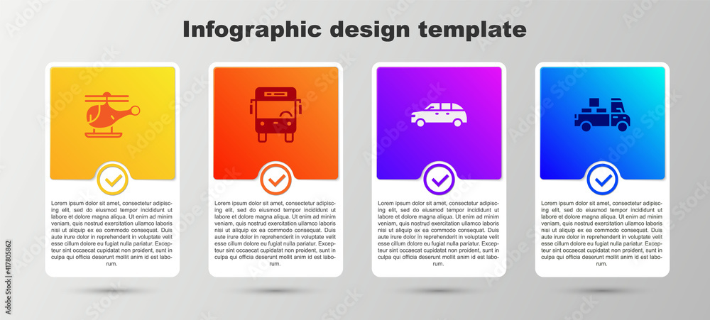 Set Helicopter, Bus, Hatchback car and Delivery truck. Business infographic template. Vector.
