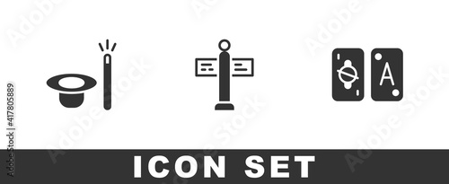 Set Magic hat and wand, Road traffic signpost and Tarot cards icon. Vector.