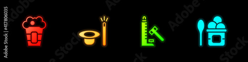 Set Popcorn in box, Magic hat and wand, Striker attraction with hammer and Ice cream bowl icon. Vector.