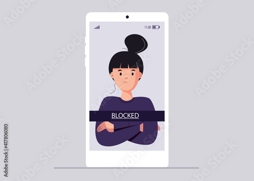 Smartphone with a blocked user account, displayed on a screen, privacy in social media