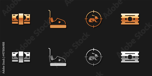 Set Stacks paper money cash, Bumper car, Hunt rabbit with crosshairs and Ticket icon. Vector.