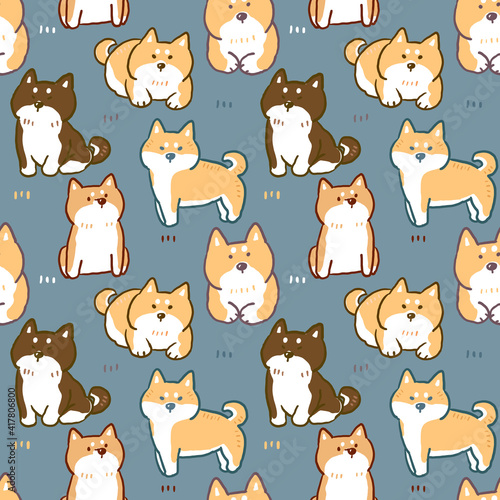 Fototapeta Naklejka Na Ścianę i Meble -  Seamless Pattern with Cartoon Shiba Inu Dog Illustration Design on Deep Blue Background