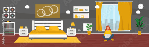 Girl with laptop in bedroom on the floor. Freelance or studying concept. Illustration in flat style. Vector illustration of freelance work. Woman work online, teleworking. 