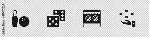 Set Bowling pin and ball, Game dice, Shooting gallery and Juggling icon. Vector.