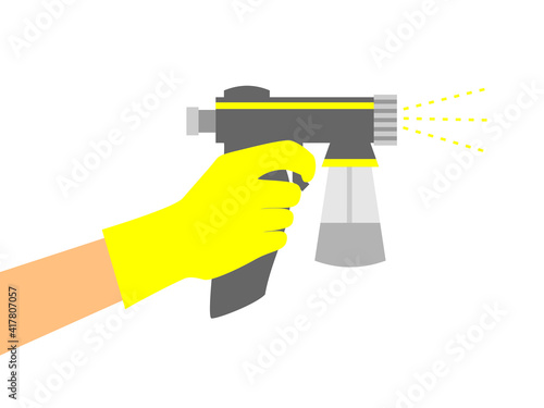 Hand in a yellow glove holds a gray spray tan machine. Vector illustration of auto tanning procedure