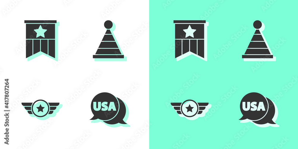 Set USA label, American flag, Star military and Party hat icon. Vector. Set USA label, American flag, Star military and Party hat icon. Vector.
