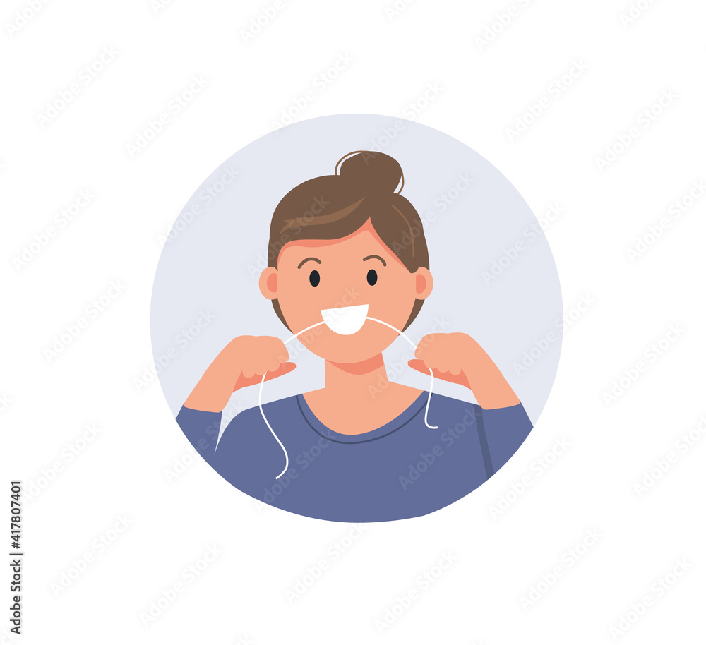 Woman brushing teeth with dental floss. Dentistry and hygiene. Flat vector illustration. Woman brushing teeth with dental floss. Dentistry and hygiene. Flat vector illustration.