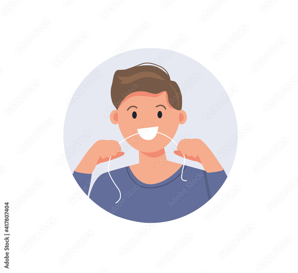 Man brushing teeth with dental floss. Dentistry and hygiene. Flat vector illustration.