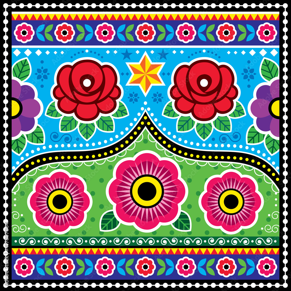 Fototapeta premium Pakistani and Indian truck art vector design with roses, star flowers, Diwali colorful pattern