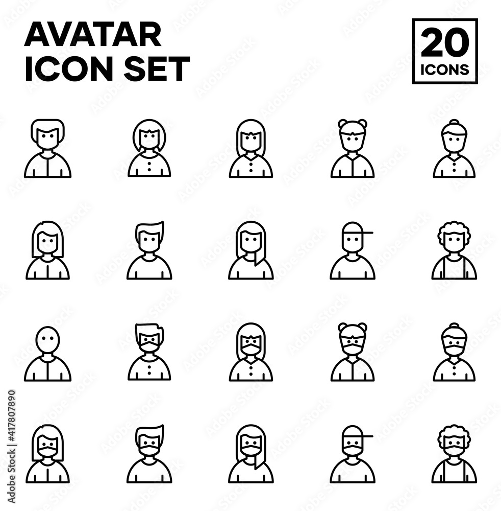 Set of Avatar icon with outline style, including male, female, girl. Also by using a mask. Vector icon with pixel perfect Set of Avatar icon with outline style, including male, female, girl. Also by using a mask. Vector icon with pixel perfect