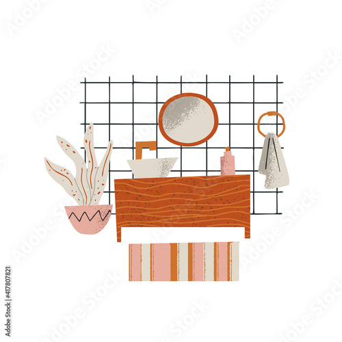 Furniture store concept. Bathroom interior design. Furniture elements set including mirror, cupboard, rug and home plant. Home accessories and decor. Vector illustration in a flat style