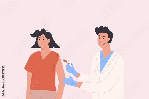 Male doctor in a medical gown and gloves gives vaccine shot to female patient. Vaccination campaign. Concept illustration for immunity health. Covid Coronavirus jab. Flat illustration isolated. 