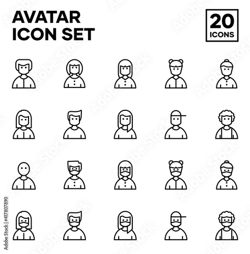 Set of Avatar icon with outline style  including male  female  girl. Also by using a mask. Vector icon with pixel perfect