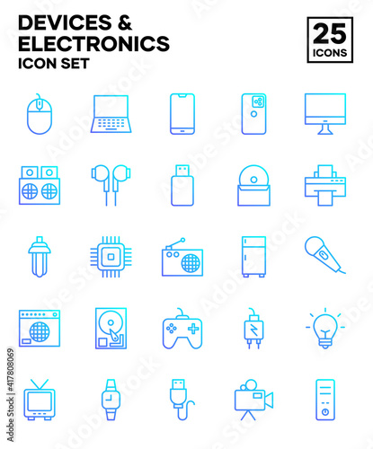 Electronic device icon set with gradient line style. Including computers, smartphones, printers, refrigerators, consoles, and electronic tools. Editable stroke vector © Adam