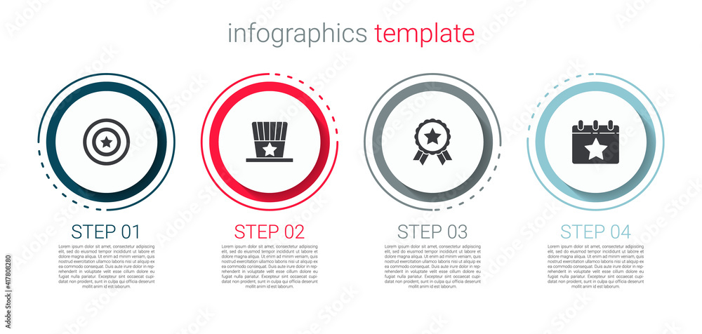 Fototapeta premium Set American star shield, Patriotic top hat, Medal with and Calendar date July 4. Business infographic template. Vector.