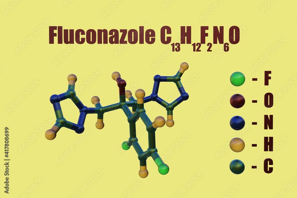 Structural chemical formula and molecular model of fluconazole, a drug