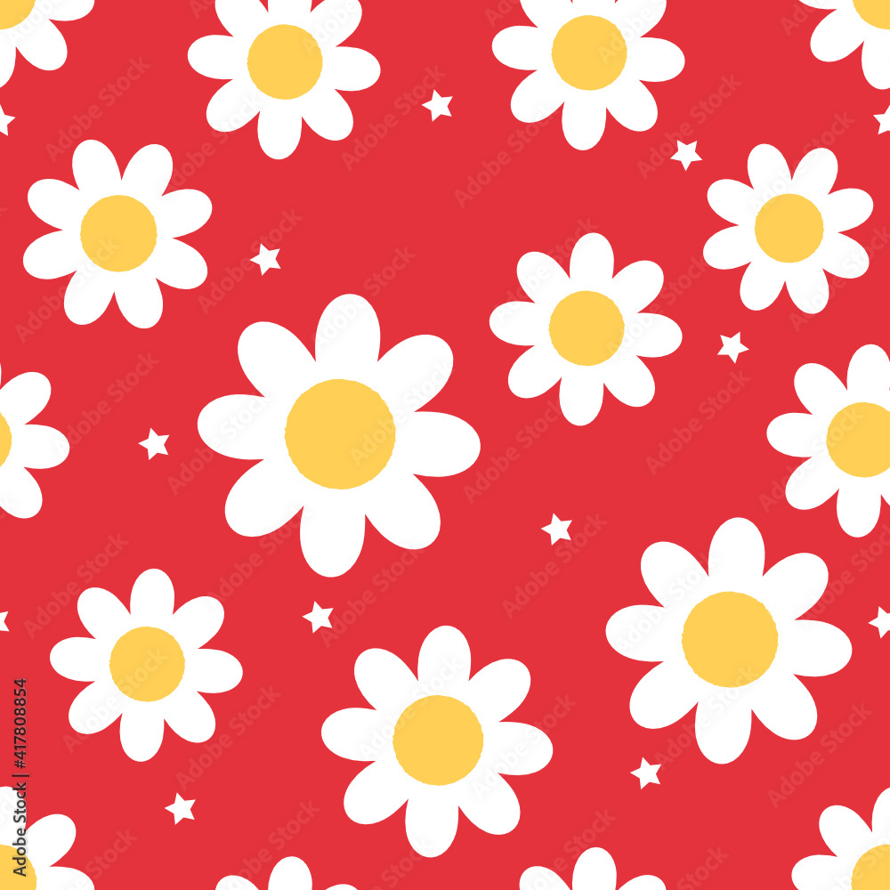 Seamless pattern with daisy flower and stars on red background vector illustration. Seamless pattern with daisy flower and stars on red background vector illustration.