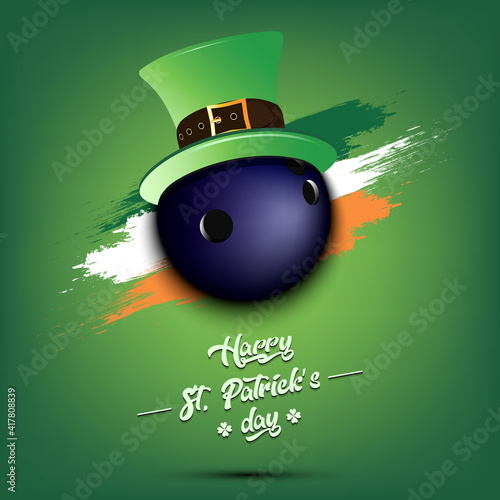 Happy St. Patricks day. Bowling ball in leprechaun hat the background of the Irish flag. Pattern for greeting card, logo, banner, poster, party invitation. Vector illustration