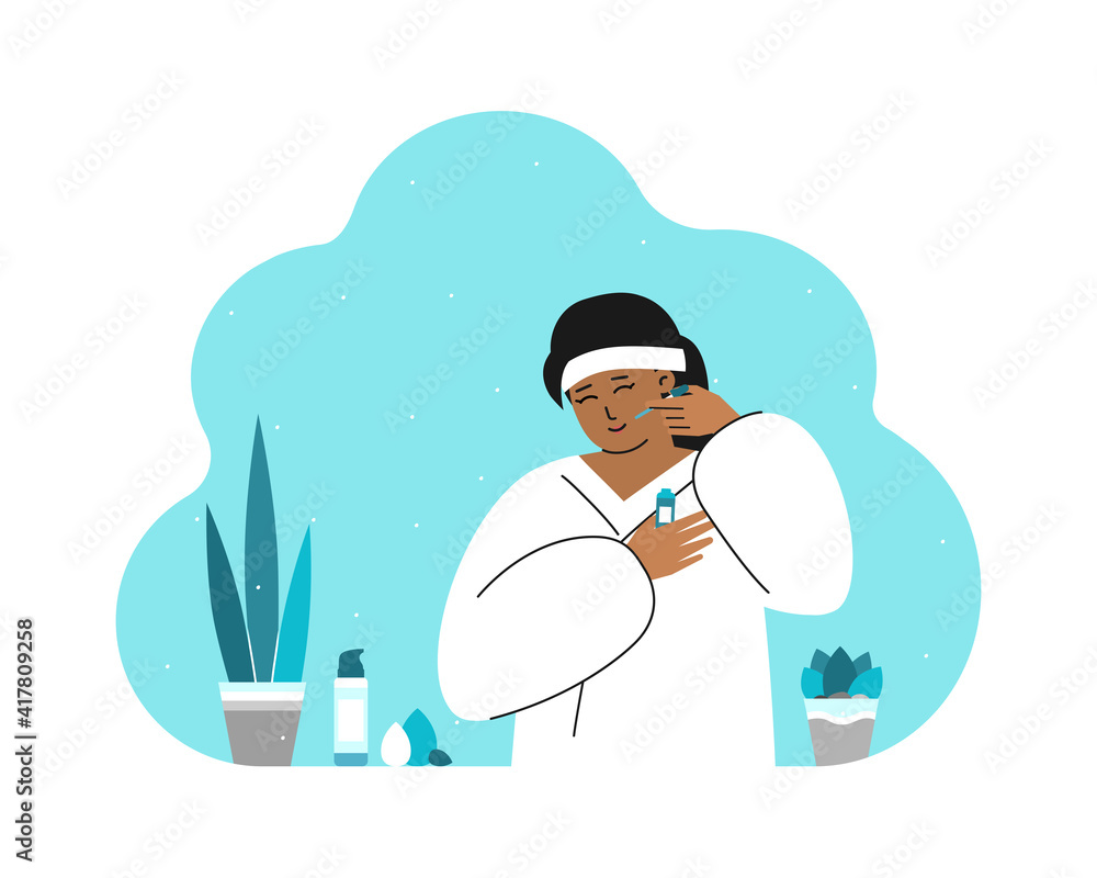 Vector flat isolated concept with pretty Asian woman in bathroom, wearing in white bathrobe and using cosmetic products. Daily skin care routine. Korean girl holds serum dropper bottle. Copy space Vector flat isolated concept with pretty Asian woman in bathroom, wearing in white bathrobe and using cosmetic products. Daily skin care routine. Korean girl holds serum dropper bottle. Copy space