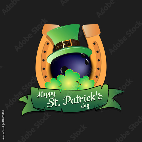 Happy St. Patricks day. Horseshoe, clovers and bowling ball in leprechaun hat on an isolated background. Pattern for greeting card, logo, banner, poster, party invitation. Vector illustration