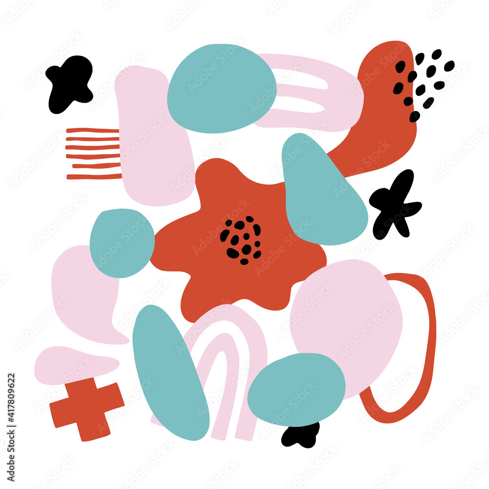 Abstract flower pattern with geometric shapes, spots and tropic motifs. Bright graphic print witn modern shapes and floral elements. Vector collage style illustration. Trendy flower background.