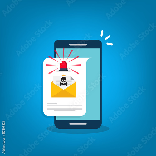 Red alert flasher and email, envelope with black document and skull icon notification on a smart phone. Virus, malware, email fraud, e-mail spam, phishing scam, hacker attack concept. Vector 