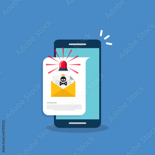 Red alert flasher and email, envelope with black document and skull icon notification on a smart phone. Virus, malware, email fraud, e-mail spam, phishing scam, hacker attack concept. Vector 