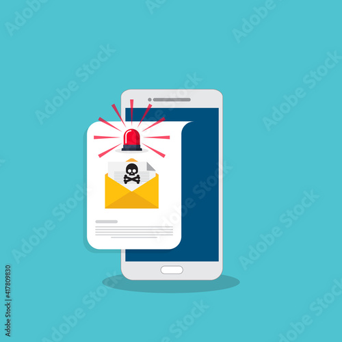 Red alert flasher and email, envelope with black document and skull icon notification on a smart phone. Virus, malware, email fraud, e-mail spam, phishing scam, hacker attack concept. Vector 