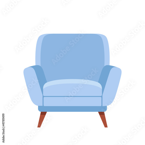 Stylish blue flat karton style comfortable armchair. Part of the interior of a living room or office. Isolated on white background